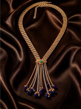 Gold-Tone Necklace with Emerald Accent and Blue Bead Tassels